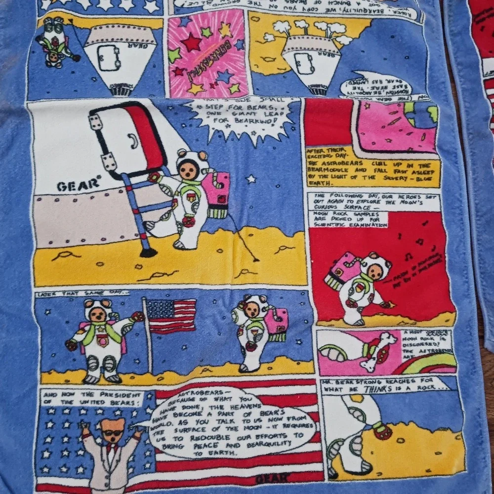 Vintage Springmaid Astrobears Comic Strip Towel Set Blue Space Bears Cotton